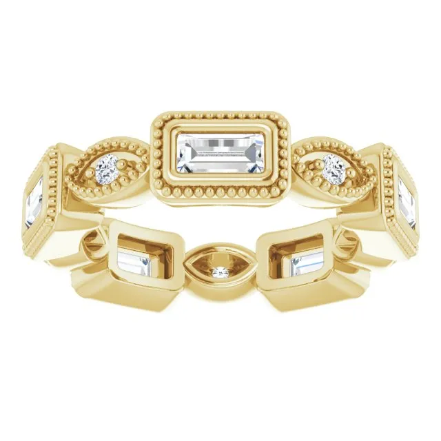 0.77 ct. Straight Baguette & Round Diamond Eternity Band Milgrain Accent Ring