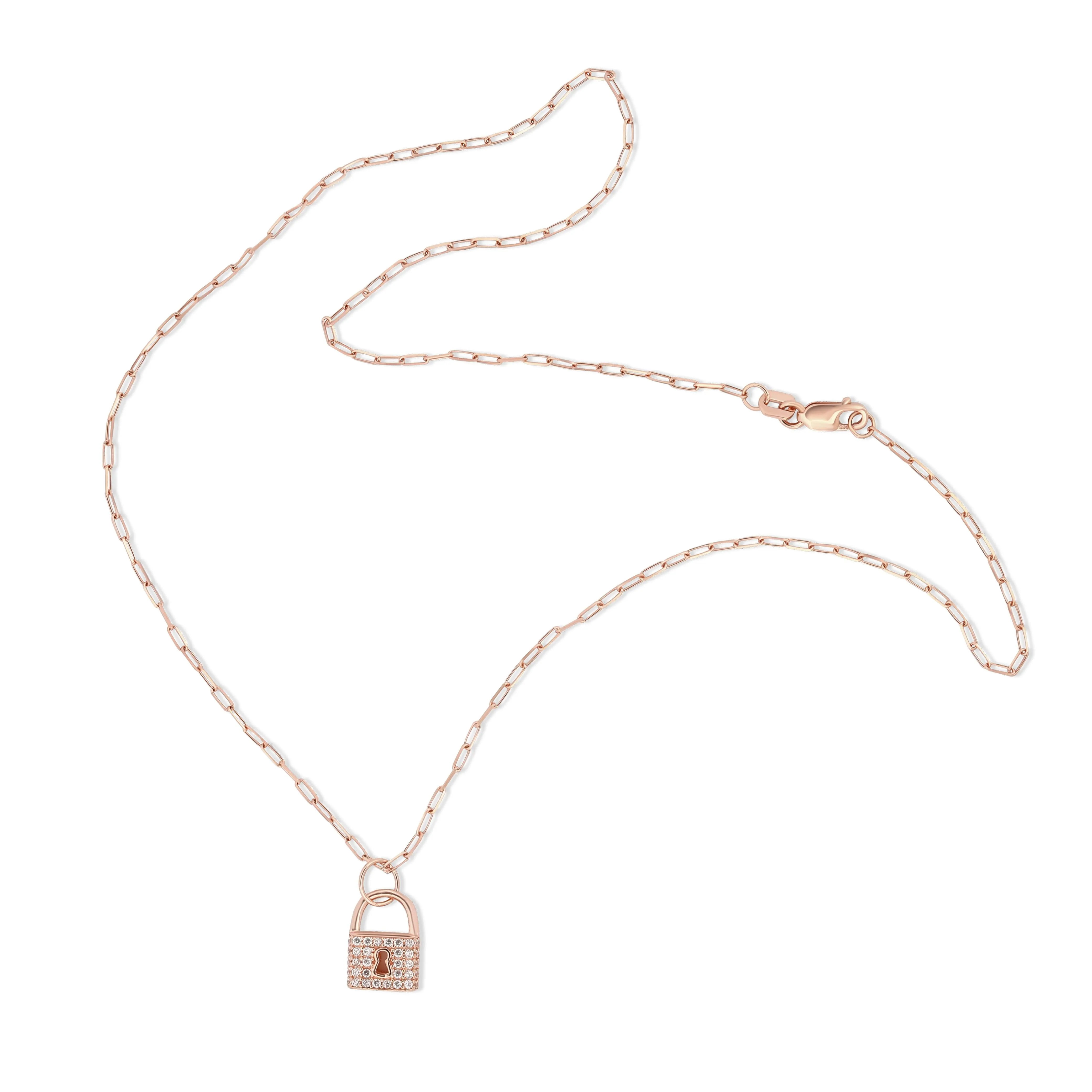 14k Rose Gold Chain with Pave CZ Padlock Charm Pendant