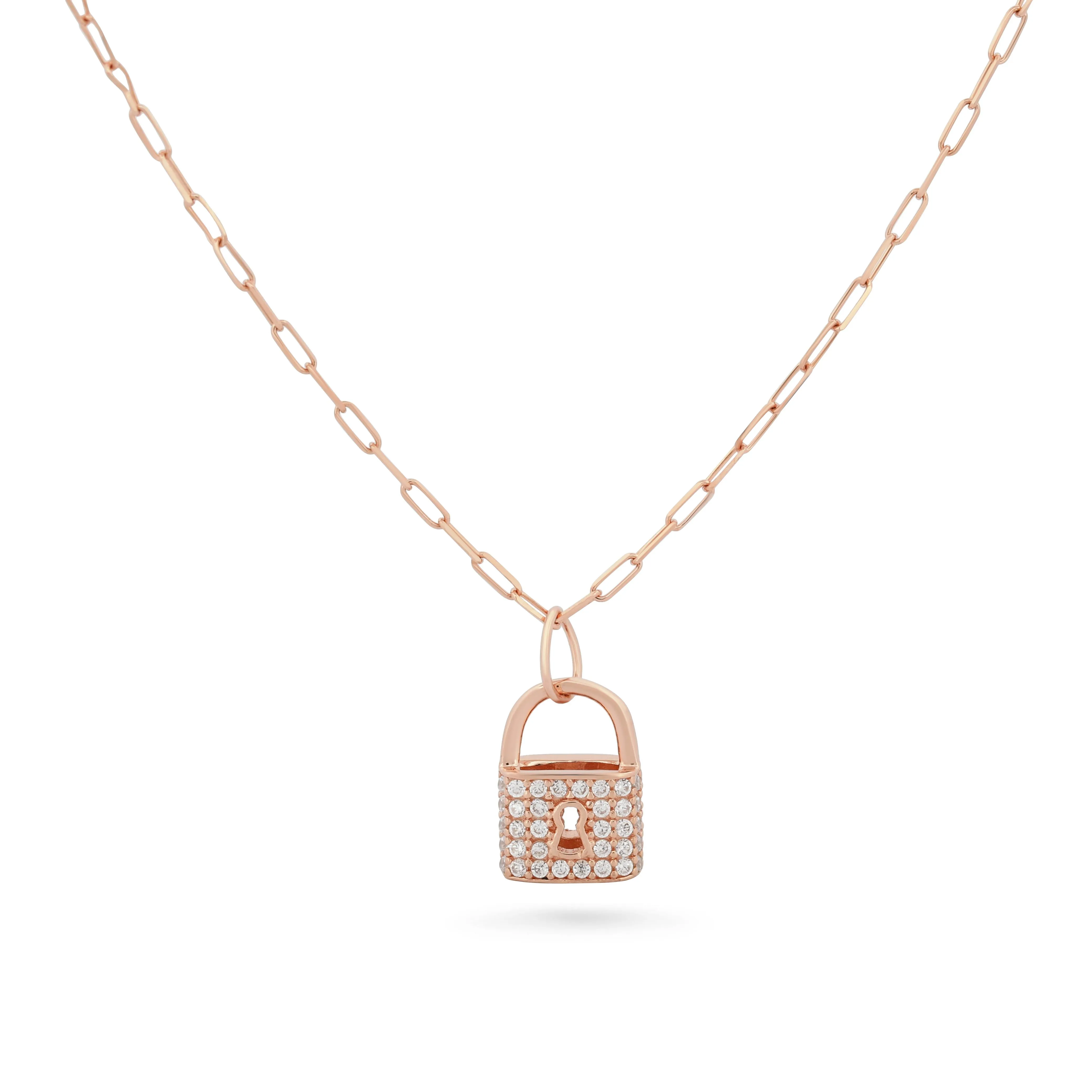 14k Rose Gold Chain with Pave CZ Padlock Charm Pendant