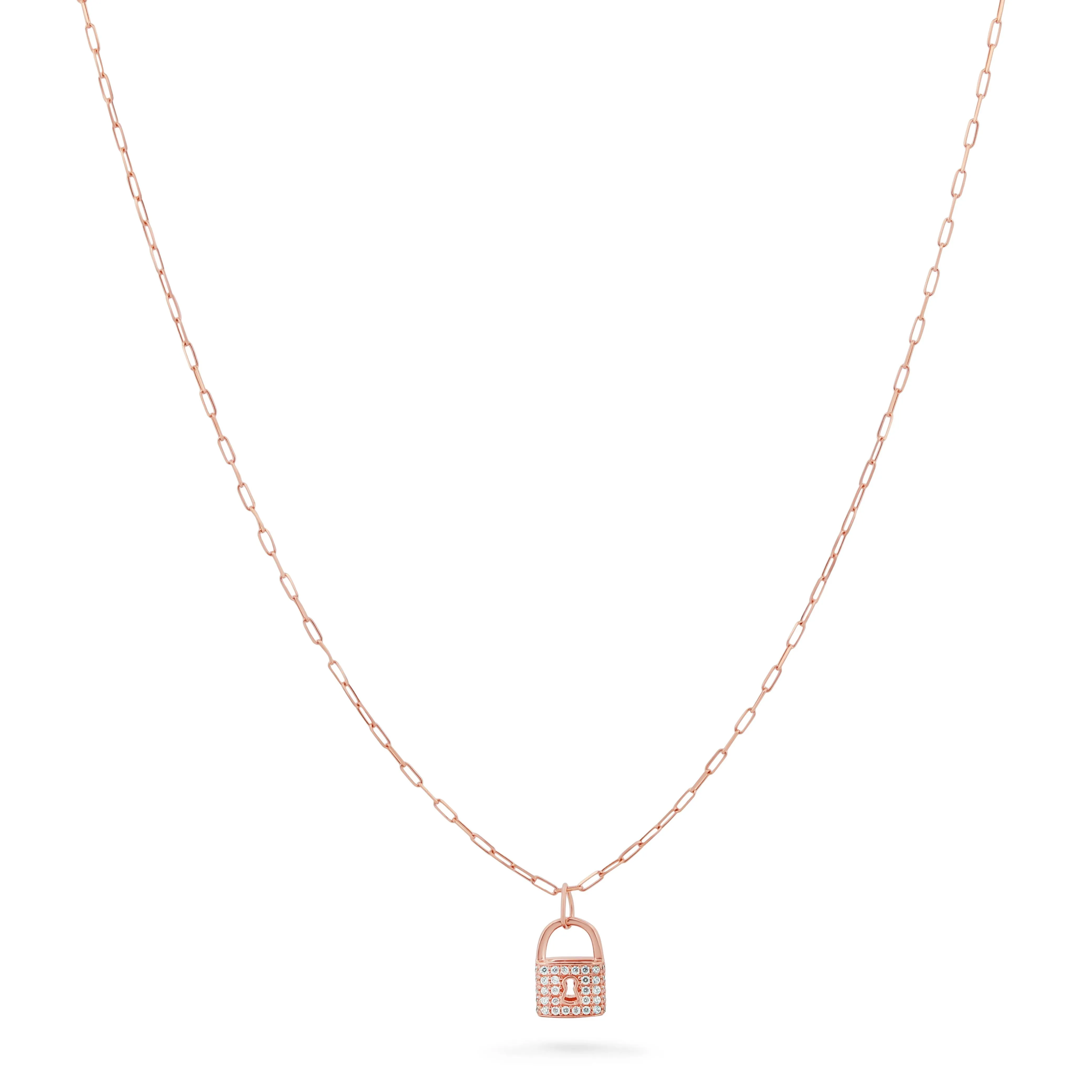 14k Rose Gold Chain with Pave CZ Padlock Charm Pendant