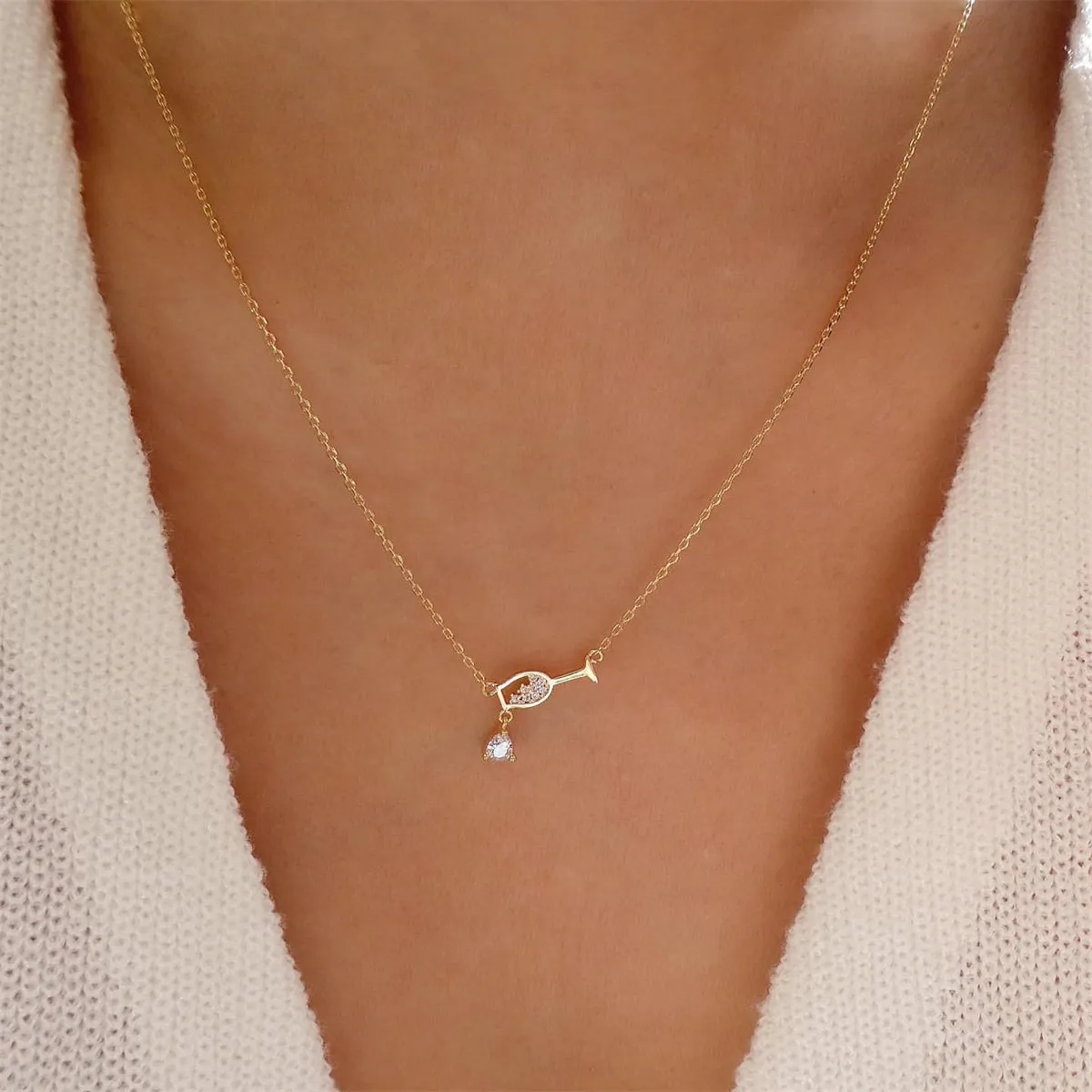 18K Gold-Plated Cubic Zirconia Wine Cup Pendant Necklace