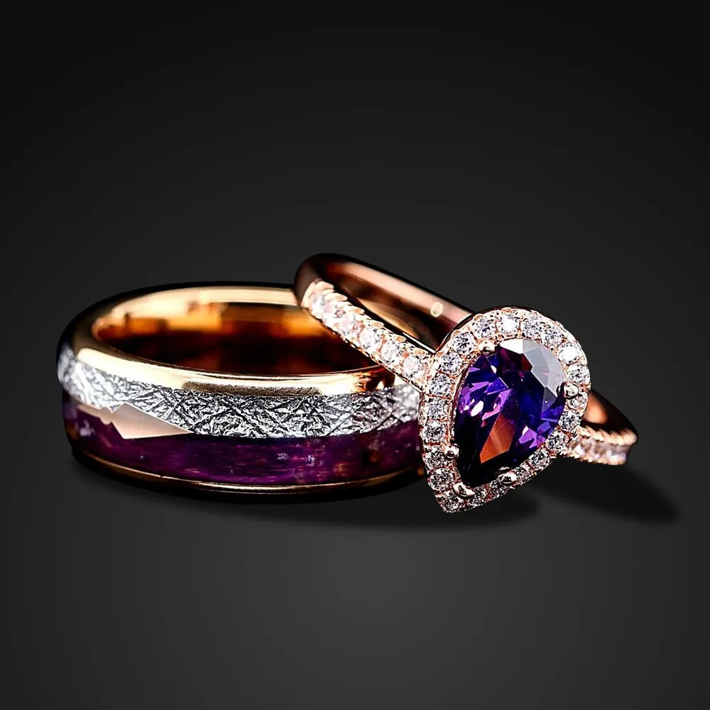 2 PCs Engagement Ring Set | Gold Plated Ring for Women | Tungsten Wedding Band for her