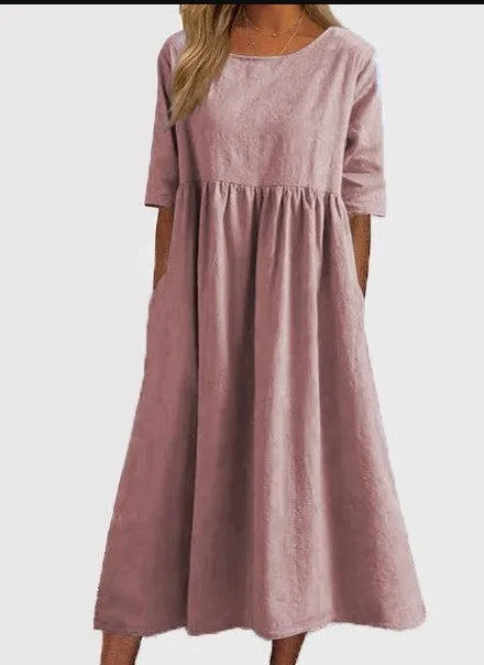 💝2025 NEW SALE💝Women's Casual Basic Outdoor Crew Neck Pocket Smocked Cotton Dress