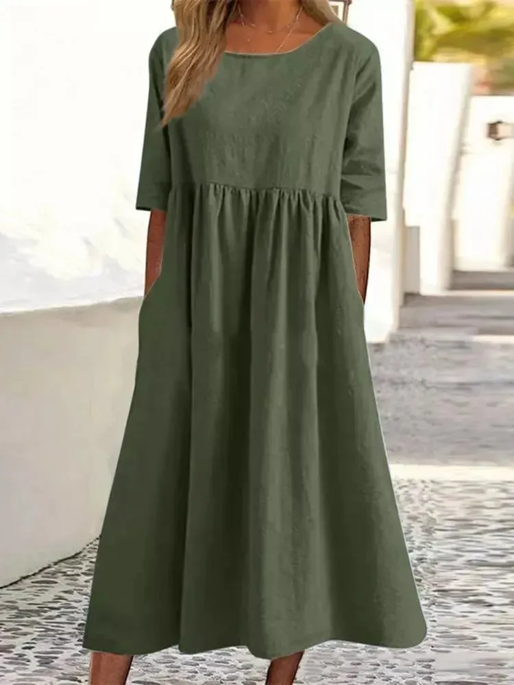 💝2025 NEW SALE💝Women's Casual Basic Outdoor Crew Neck Pocket Smocked Cotton Dress