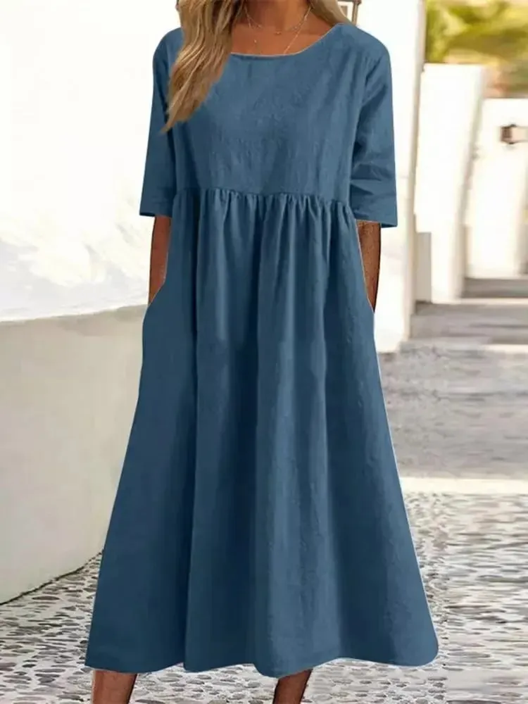 💝2025 NEW SALE💝Women's Casual Basic Outdoor Crew Neck Pocket Smocked Cotton Dress