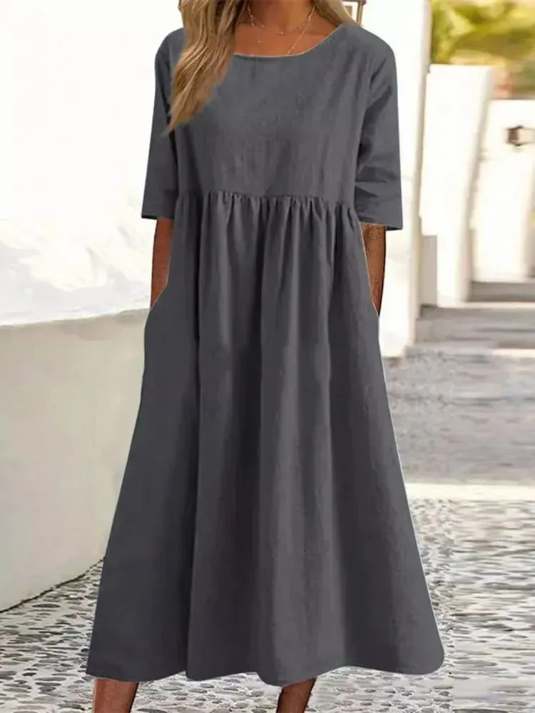 💝2025 NEW SALE💝Women's Casual Basic Outdoor Crew Neck Pocket Smocked Cotton Dress