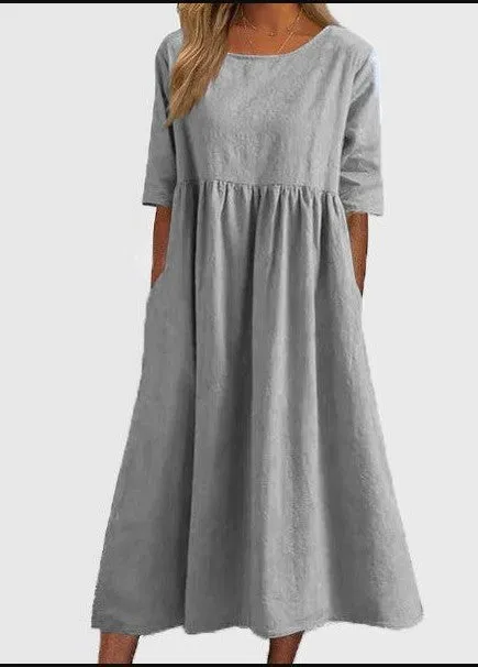 💝2025 NEW SALE💝Women's Casual Basic Outdoor Crew Neck Pocket Smocked Cotton Dress