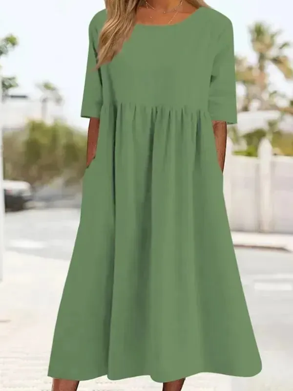 💝2025 NEW SALE💝Women's Casual Basic Outdoor Crew Neck Pocket Smocked Cotton Dress