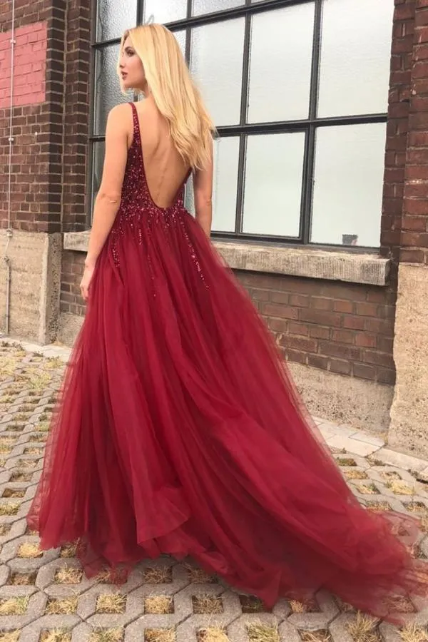 A-Line V-Neck Backless Sweep Train Burgundy Prom Dress with Beading Split L007