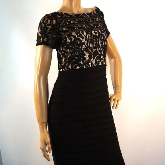 Adrianna Papell Cocktail Party Dress Sz 10 Black Nude Lace Overlay Short Sleeve