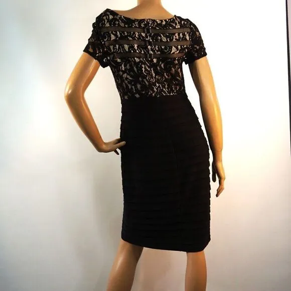 Adrianna Papell Cocktail Party Dress Sz 10 Black Nude Lace Overlay Short Sleeve