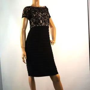 Adrianna Papell Cocktail Party Dress Sz 10 Black Nude Lace Overlay Short Sleeve