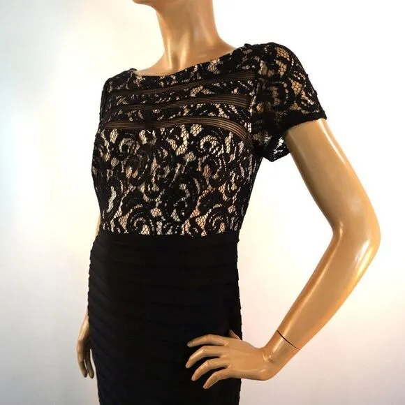 Adrianna Papell Cocktail Party Dress Sz 10 Black Nude Lace Overlay Short Sleeve