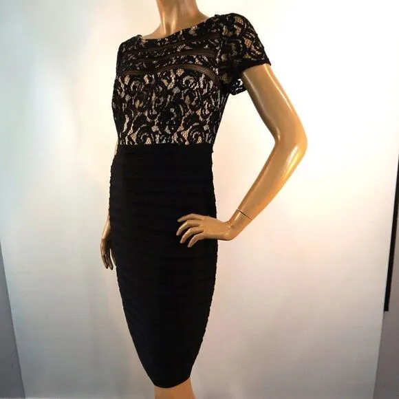 Adrianna Papell Cocktail Party Dress Sz 10 Black Nude Lace Overlay Short Sleeve