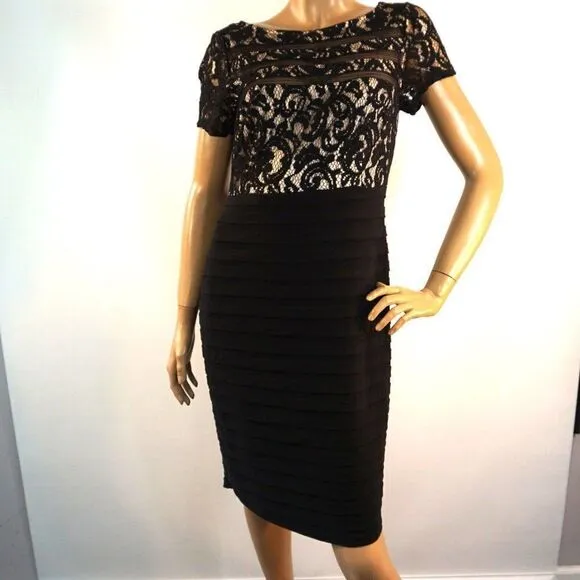 Adrianna Papell Cocktail Party Dress Sz 10 Black Nude Lace Overlay Short Sleeve