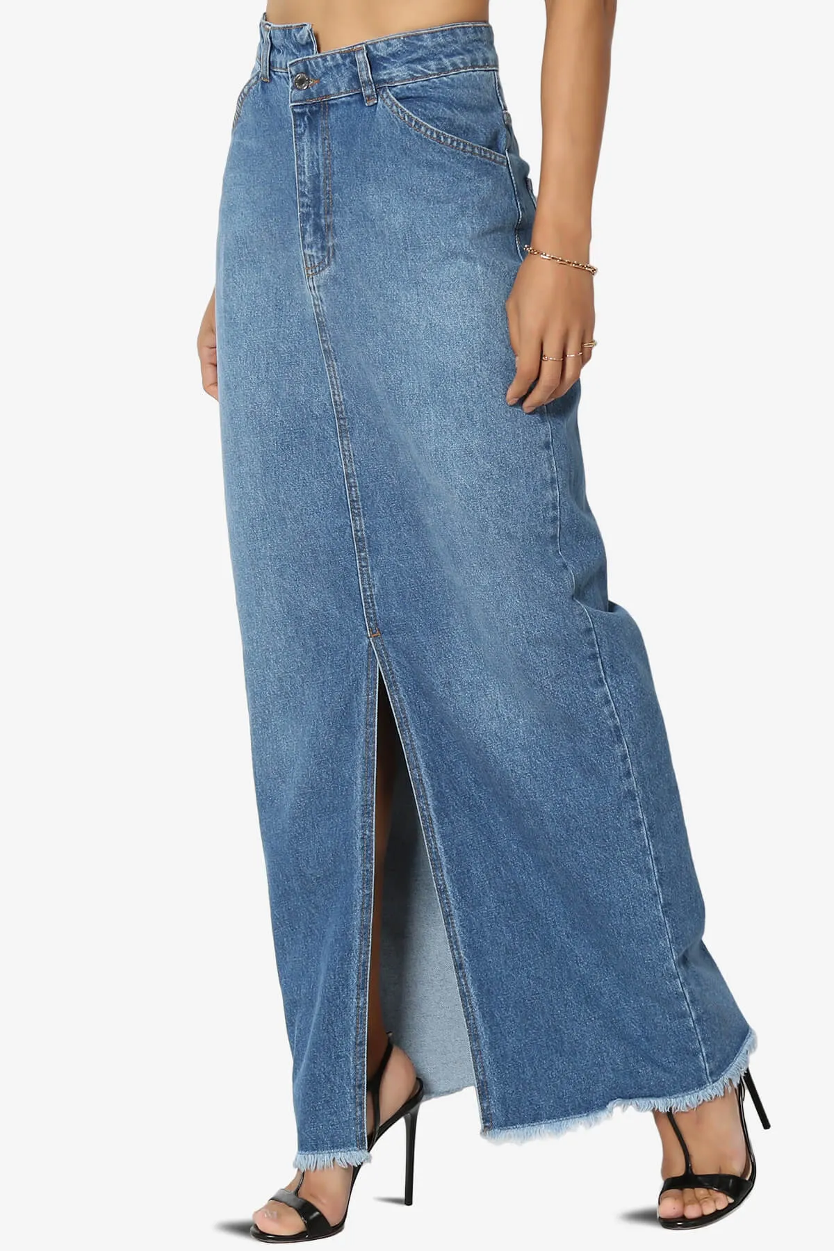 Aerin Front Slit Raw Hem Maxi Jean Skirt