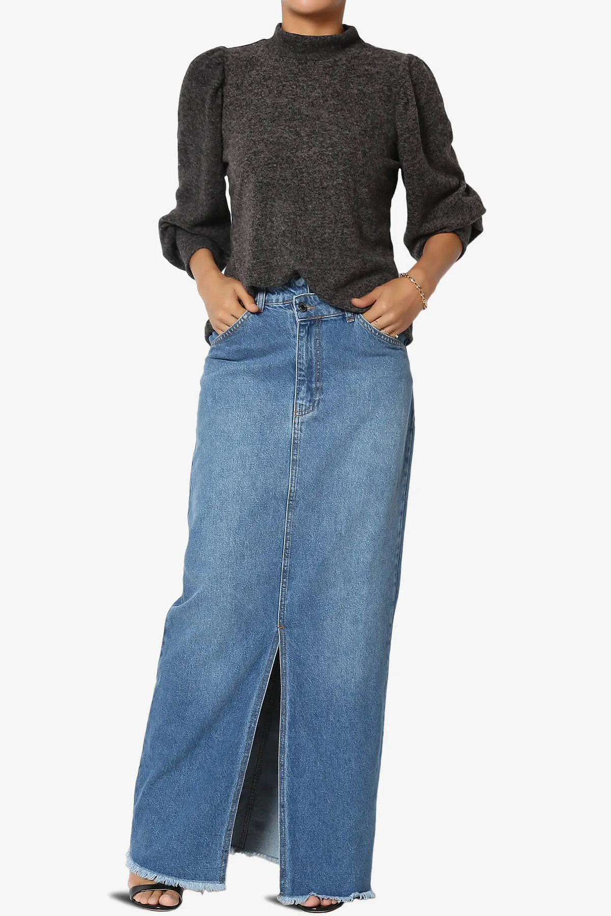 Aerin Front Slit Raw Hem Maxi Jean Skirt