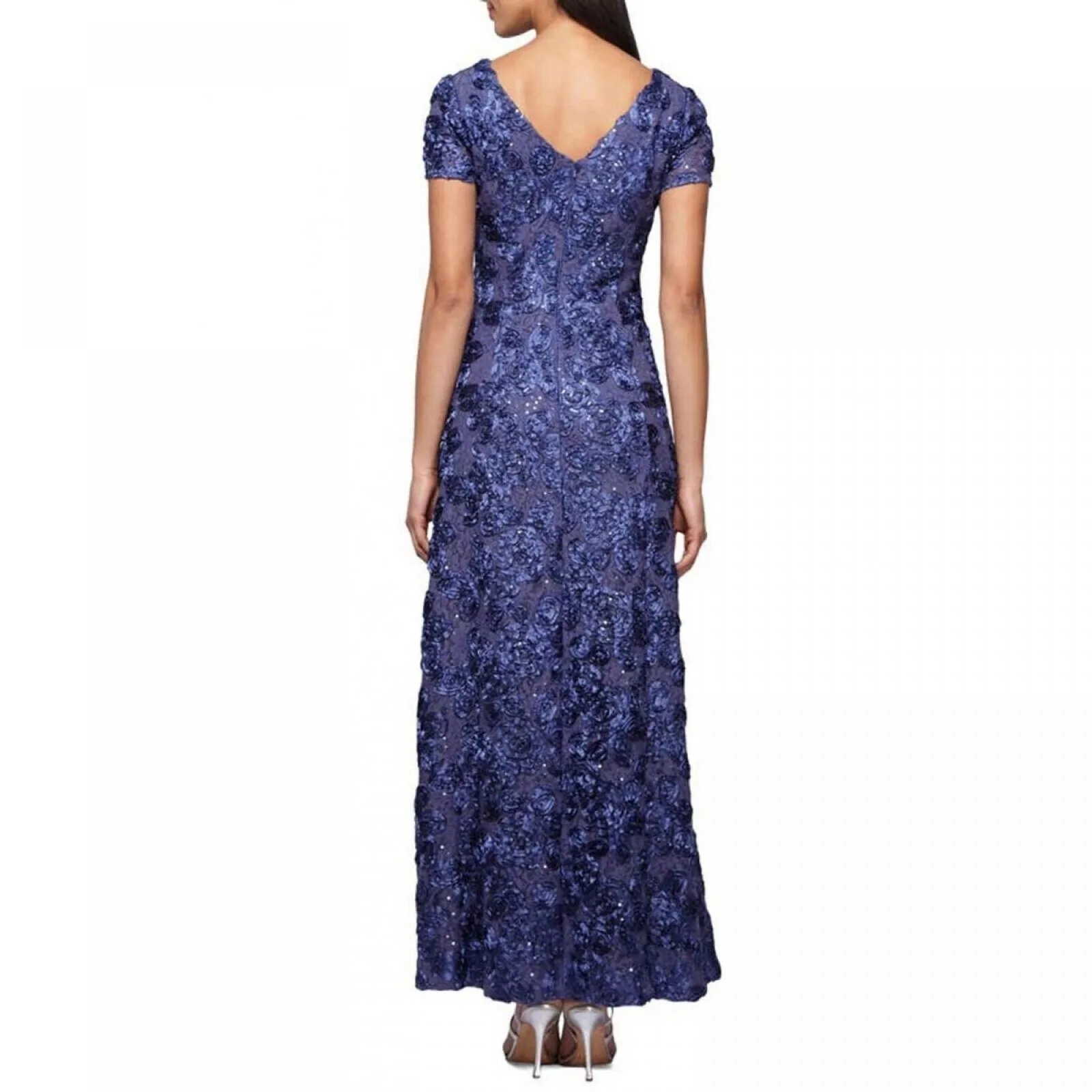 Alex Evenings Women's Rosette Embellished Lace A-Line Gown Navy 14