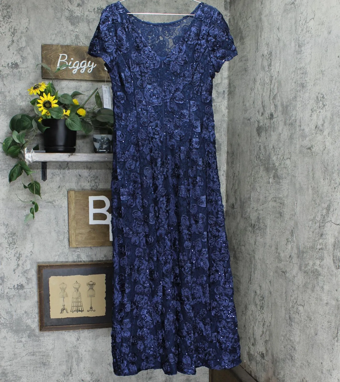 Alex Evenings Women's Rosette Embellished Lace A-Line Gown Navy 14