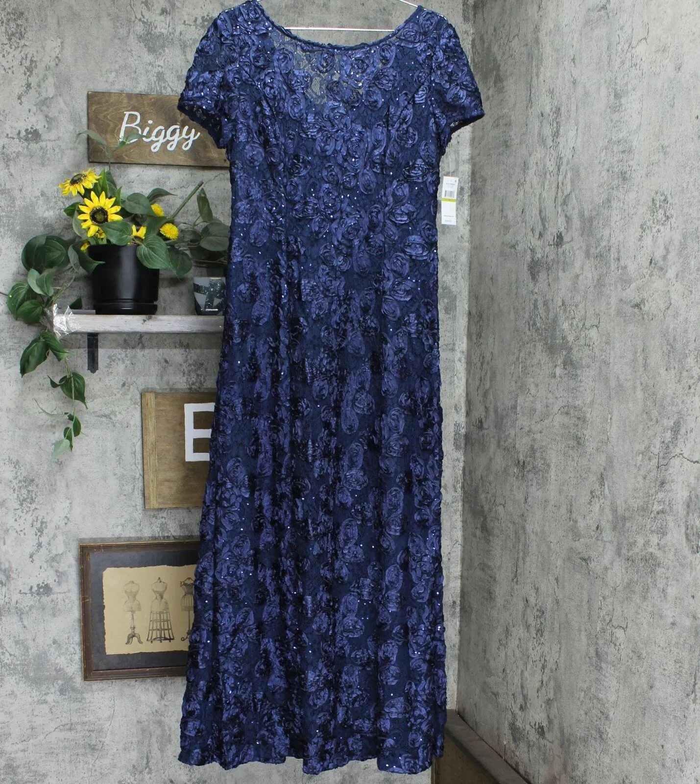 Alex Evenings Women's Rosette Embellished Lace A-Line Gown Navy 14