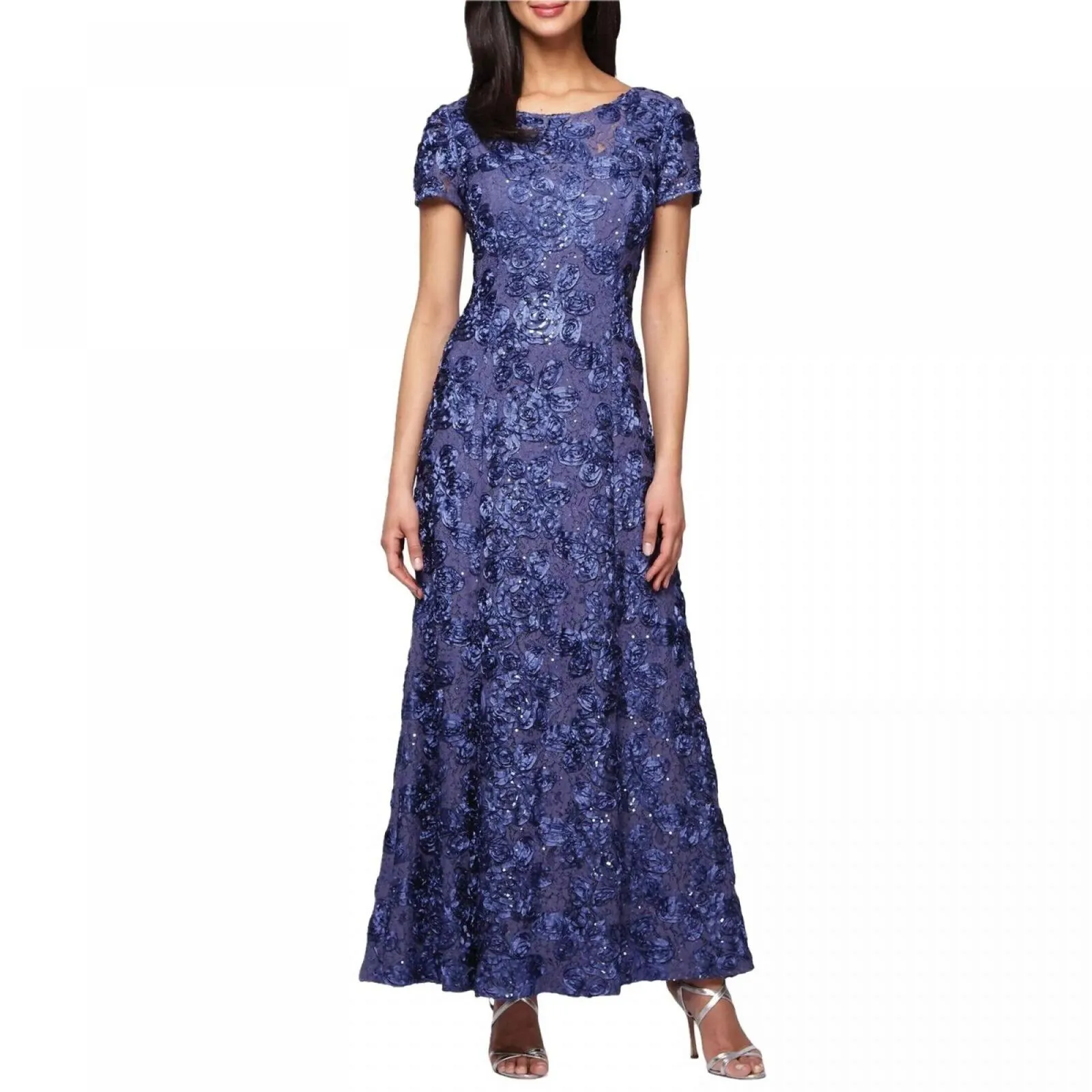 Alex Evenings Women's Rosette Embellished Lace A-Line Gown Navy 14