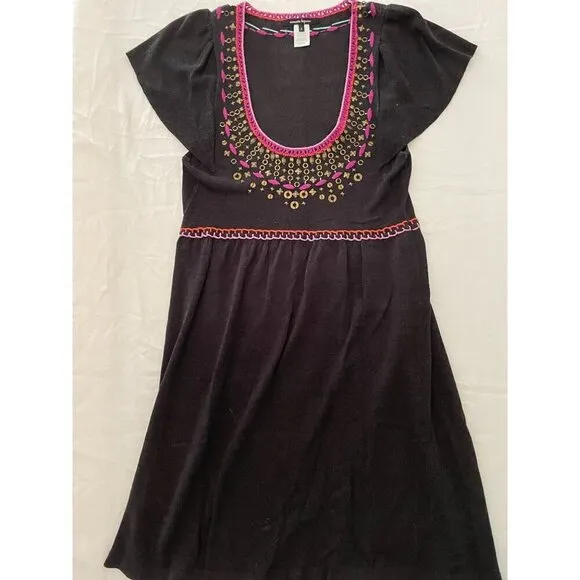 Anthropologie Nanette Lepore Women's Dress S  Black With Colorful Embroidery  53