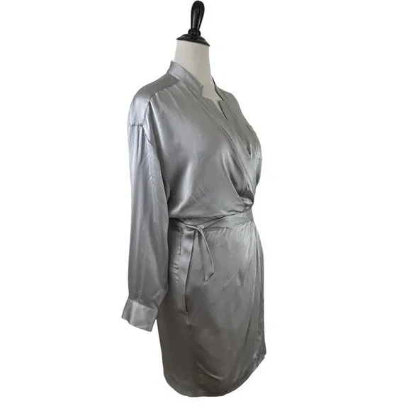 BANANA REPUBLIC New 100% Silk Wrap DRESS 12 Petite Long SL Light GRAY Silver NWT