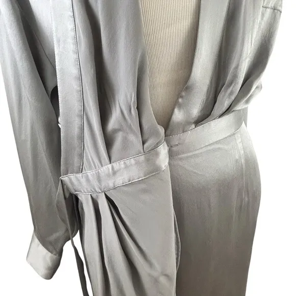 BANANA REPUBLIC New 100% Silk Wrap DRESS 12 Petite Long SL Light GRAY Silver NWT
