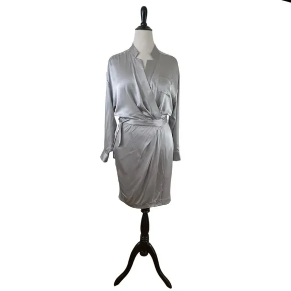 BANANA REPUBLIC New 100% Silk Wrap DRESS 12 Petite Long SL Light GRAY Silver NWT