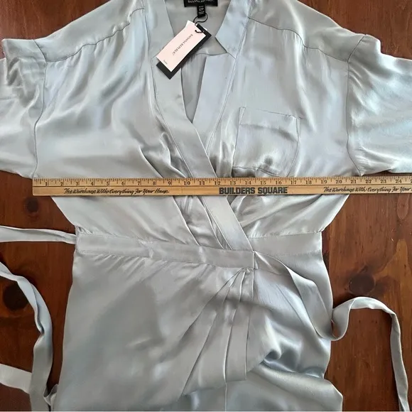 BANANA REPUBLIC New 100% Silk Wrap DRESS 12 Petite Long SL Light GRAY Silver NWT
