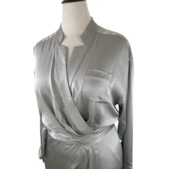 BANANA REPUBLIC New 100% Silk Wrap DRESS 12 Petite Long SL Light GRAY Silver NWT