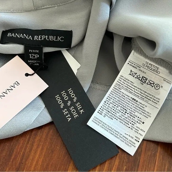 BANANA REPUBLIC New 100% Silk Wrap DRESS 12 Petite Long SL Light GRAY Silver NWT
