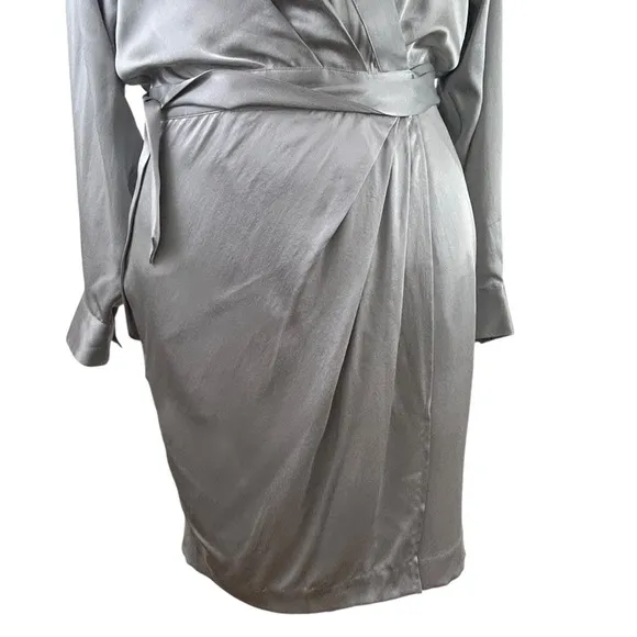 BANANA REPUBLIC New 100% Silk Wrap DRESS 12 Petite Long SL Light GRAY Silver NWT