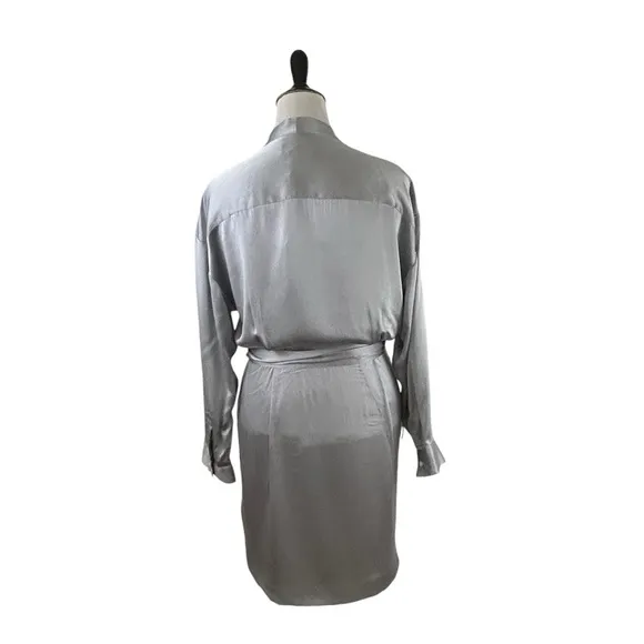 BANANA REPUBLIC New 100% Silk Wrap DRESS 12 Petite Long SL Light GRAY Silver NWT