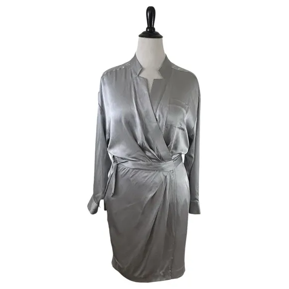 BANANA REPUBLIC New 100% Silk Wrap DRESS 12 Petite Long SL Light GRAY Silver NWT