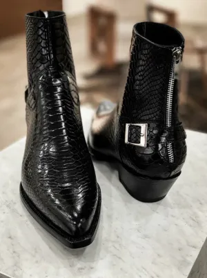 Black Croc/Python/Snake Animal Print Leather  Slip On Zipper Pointed Boots for Men - Boots