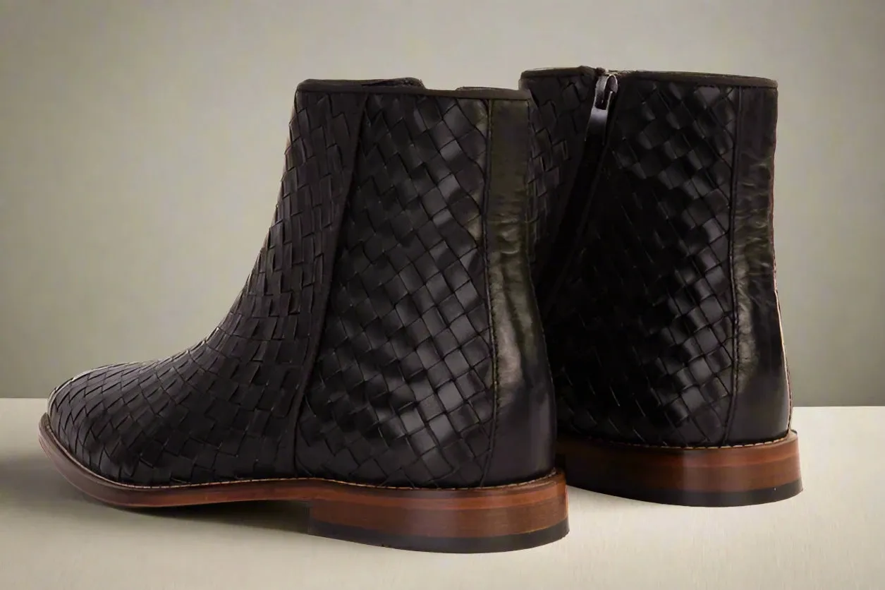 Black Handwoven Leather Braided Men Boot with a Zipper - Boots