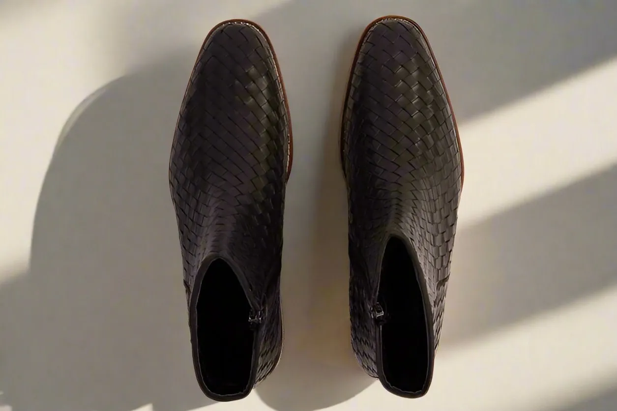 Black Handwoven Leather Braided Men Boot with a Zipper - Boots