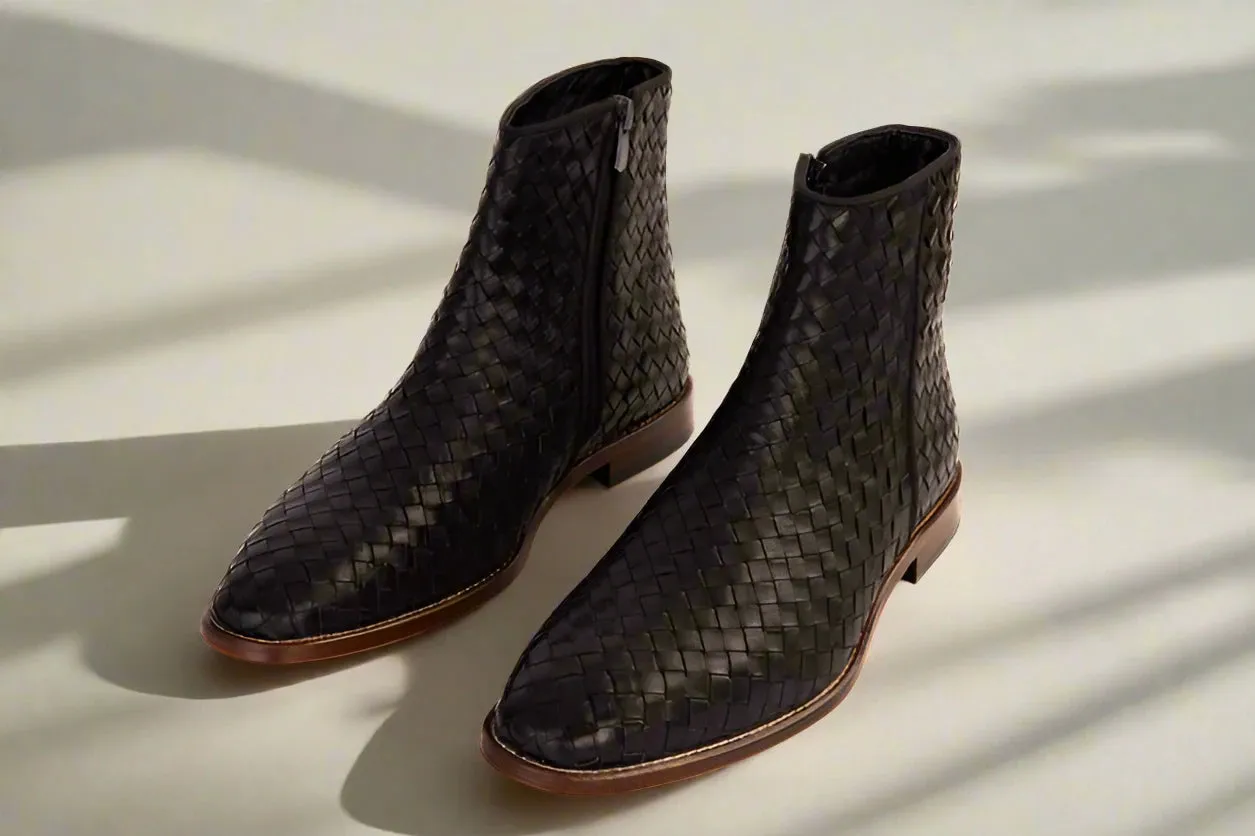 Black Handwoven Leather Braided Men Boot with a Zipper - Boots
