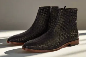 Black Handwoven Leather Braided Men Boot with a Zipper - Boots