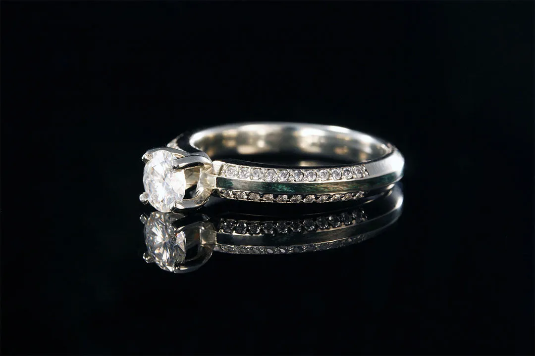BLUE DYED ACRYLIC WOOD KNIFE EDGE 14K WHITE GOLD DIAMOND RING