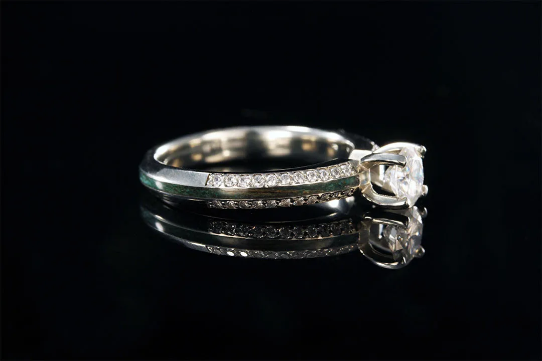 BLUE DYED ACRYLIC WOOD KNIFE EDGE 14K WHITE GOLD DIAMOND RING
