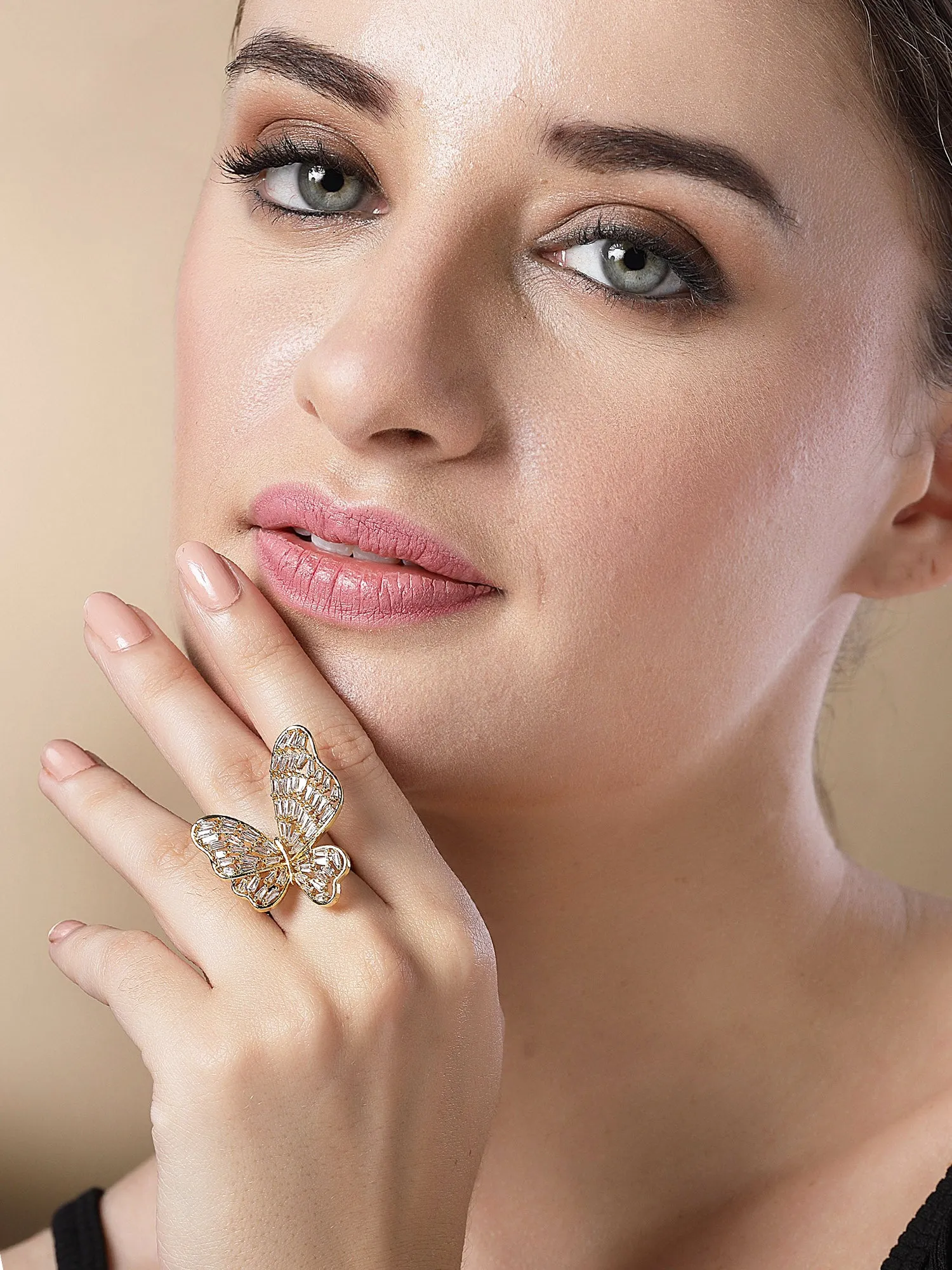 Bohey by KARATCART Gold Plated Cubic Zirconia Studded Butterfly Design Women's Cocktail Ring