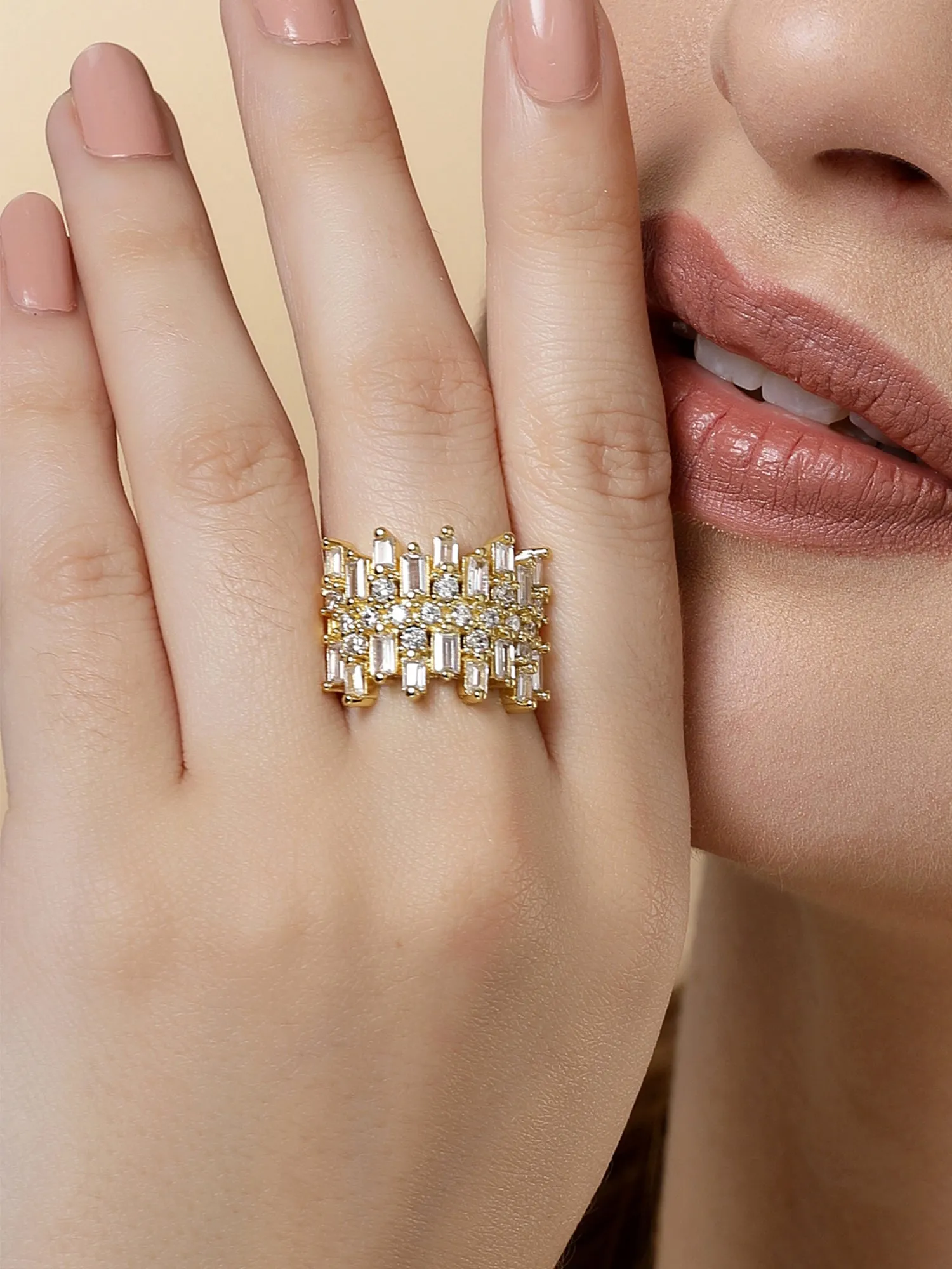 Bohey by KARATCART Gold Plated Cubic Zirconia Studded Cluster Women's Ring