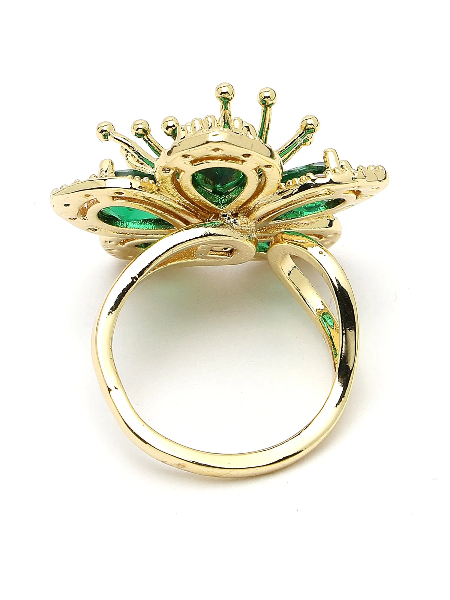 Bohey by KARATCART Gold Plated Green Cubic Zirconia Studded Floral Design Women's Cocktail Ring