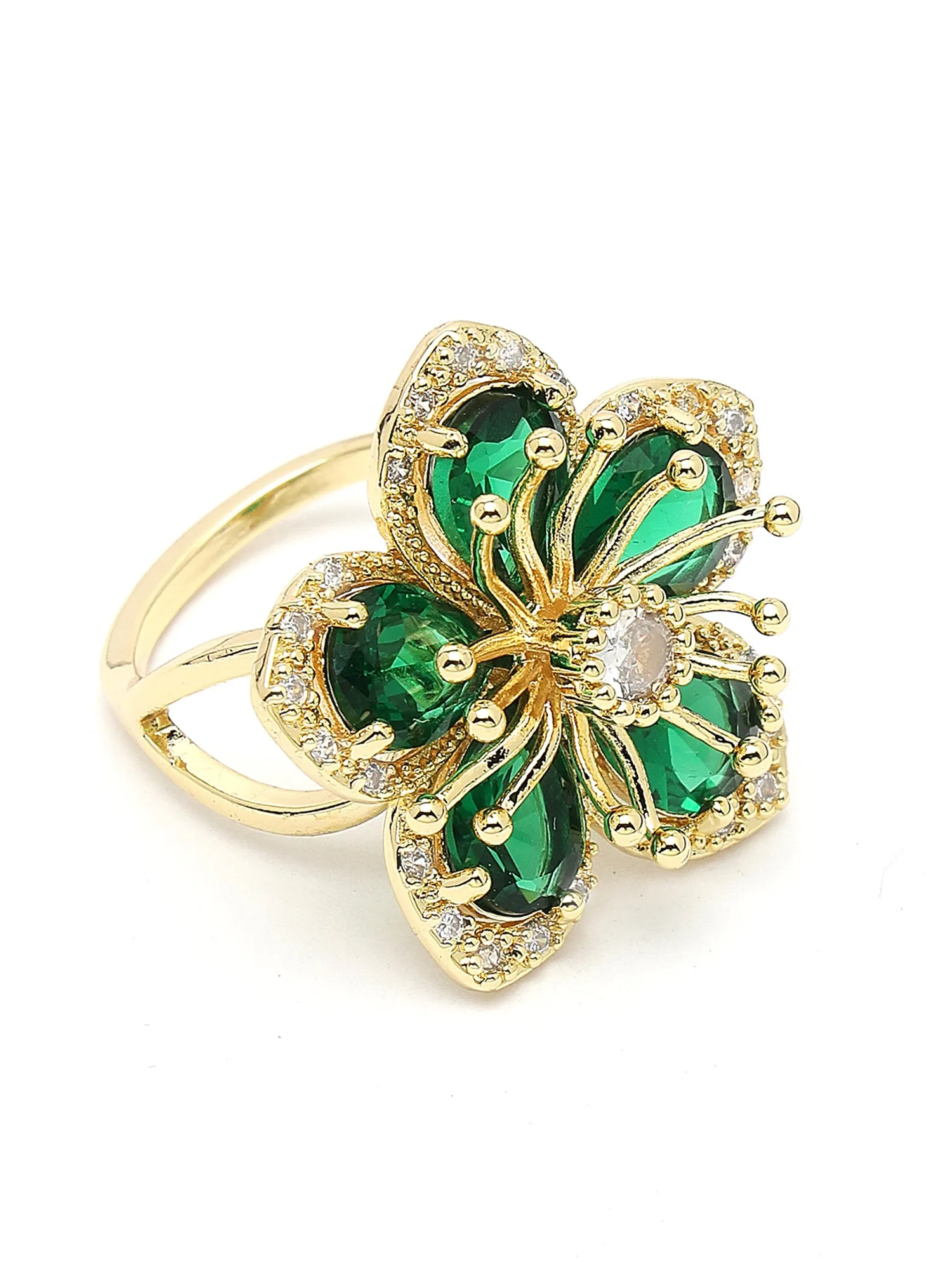 Bohey by KARATCART Gold Plated Green Cubic Zirconia Studded Floral Design Women's Cocktail Ring
