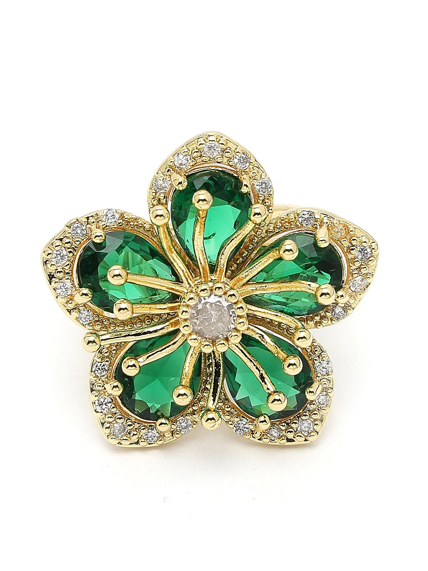 Bohey by KARATCART Gold Plated Green Cubic Zirconia Studded Floral Design Women's Cocktail Ring