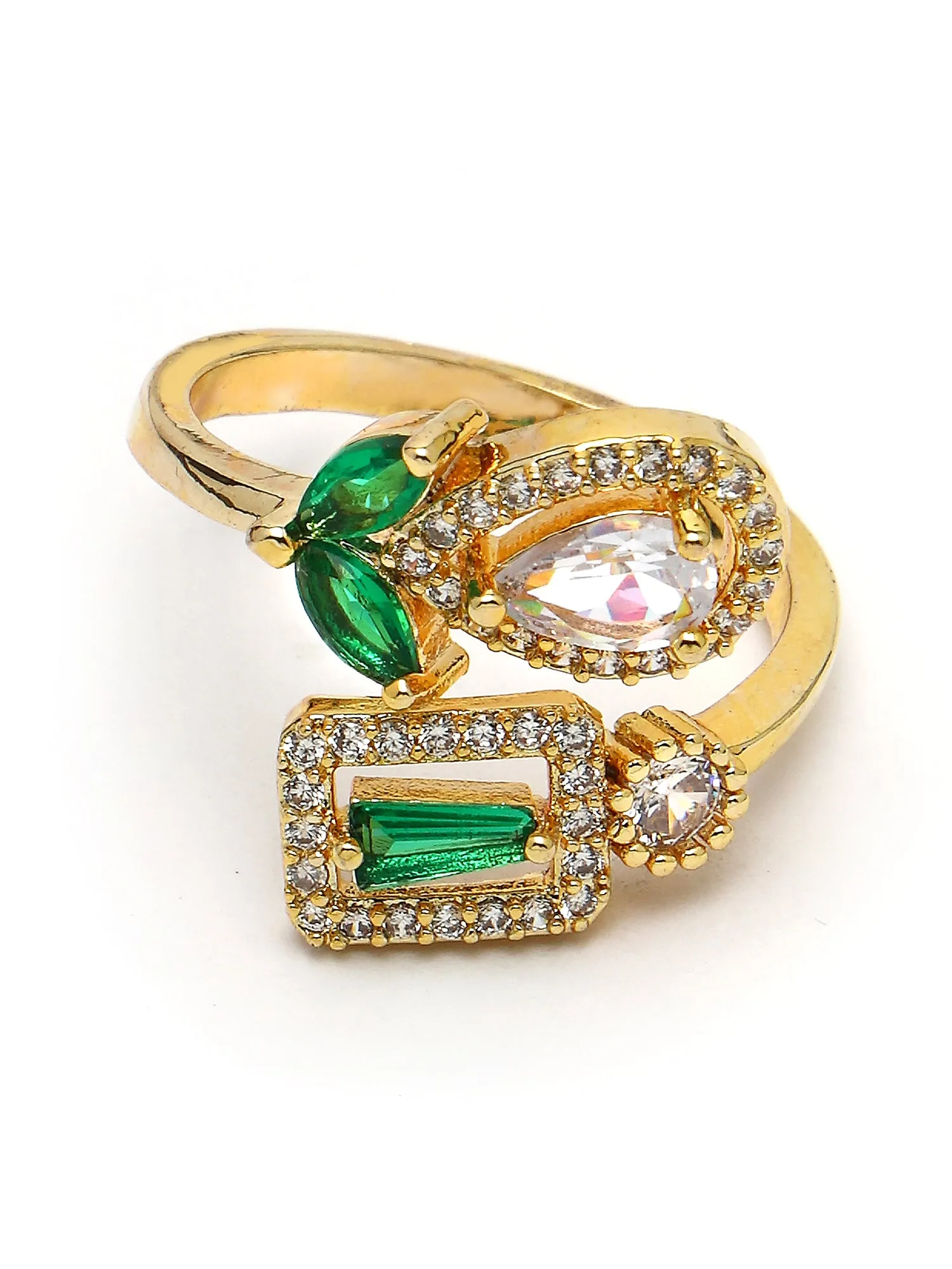 Bohey by KARATCART Gold Plated Green Cubic Zirconia Studded Women's Finger Ring