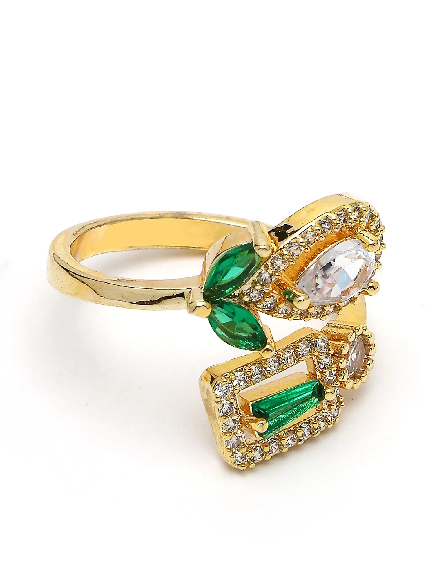 Bohey by KARATCART Gold Plated Green Cubic Zirconia Studded Women's Finger Ring