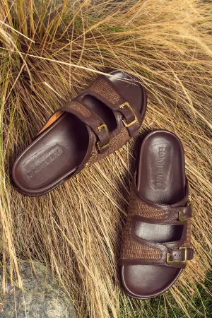 Brown Woven Leather Sandals with Dual Buckles